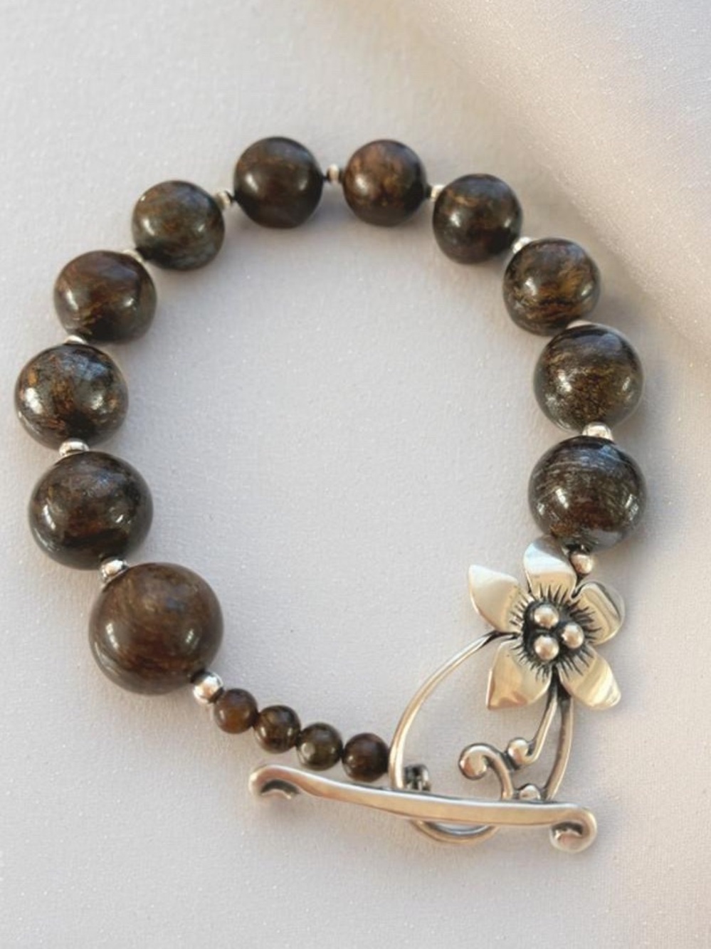 Silpada Bronzite and Sterling Silver Beaded Bracelet with Floral Clasp B1365